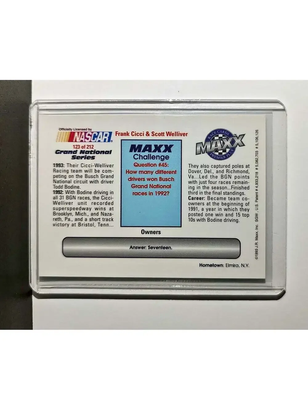 Frank Cicci / Scott Welliver 1993 Maxx Premier Plus Racing #123 NASCAR Card